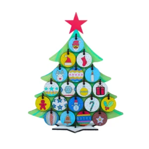 DIY Christmas tree craft kit for kids with reusable wooden tree and 3D ornaments