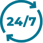 24/7 icon – available for customer support anytime, 24 hours a day, 7 days a week