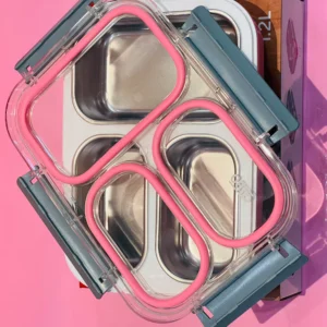 3 Grid Spill Proof Lunchbox for Adults-Teenegers-Pink