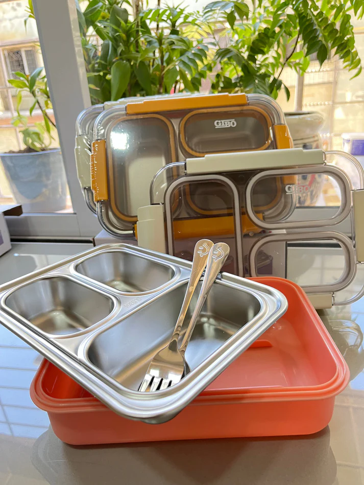 GIBO - 3 Grid-100% Spill Free-Stainless Steel Lunchbox-2