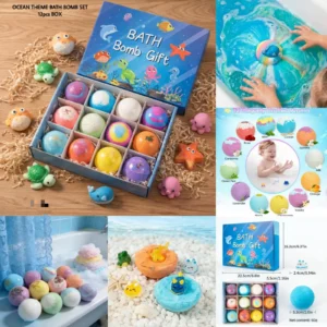 Bath Bombs for Kids with Toys Inside ocean theme 12 pcs gift set with surprise ocean animal toys 12 aromas and gift box packaging
