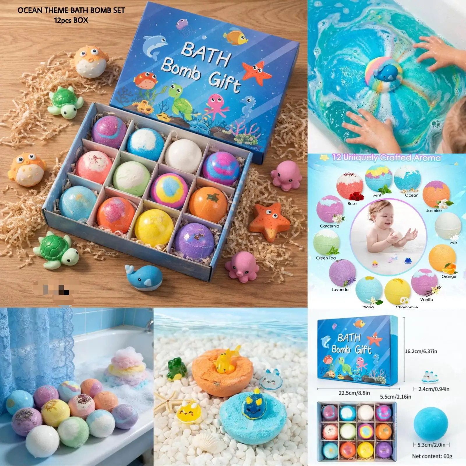 Bath Bombs for Kids with Toys Inside ocean theme 12 pcs gift set specifications and aromas chart