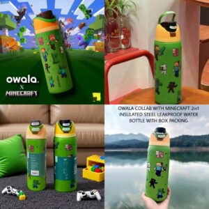 Owala Minecraft Bottle FreeSip 710ml insulated leakproof stainless steel in green with Minecraft characters and box packaging